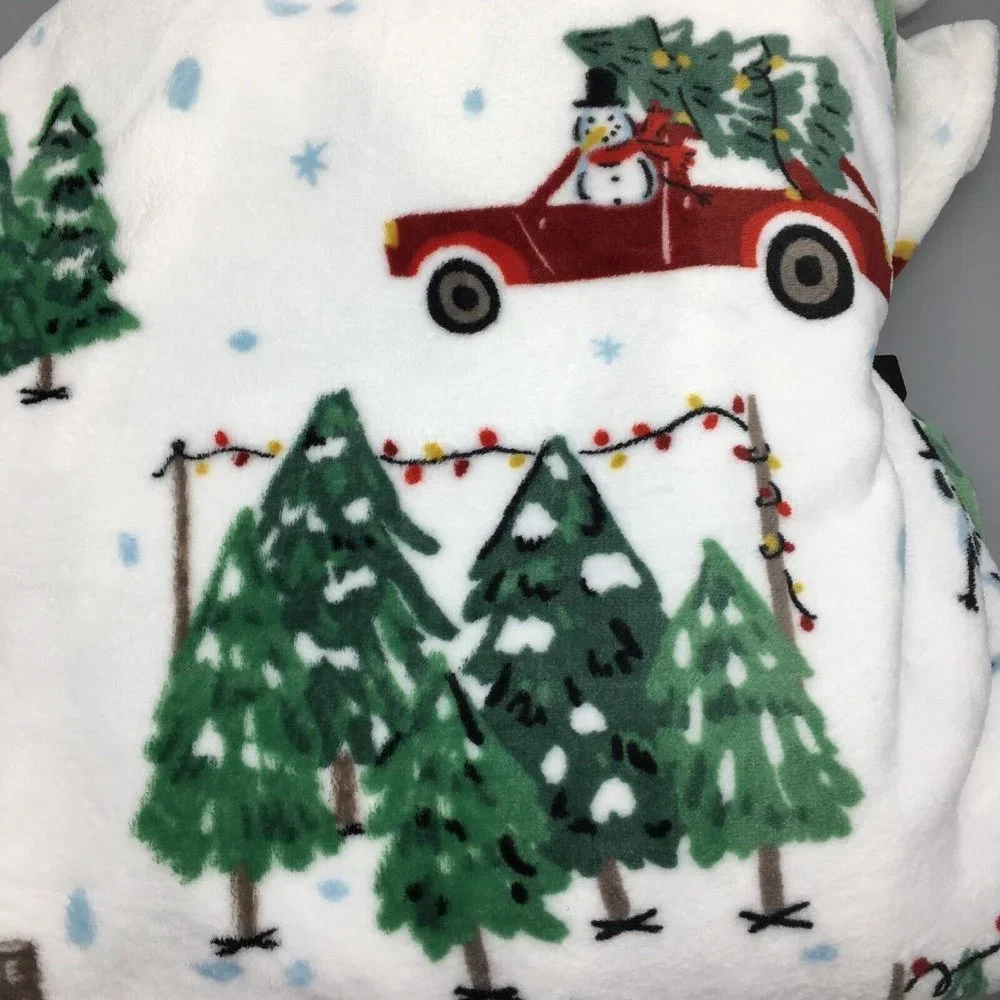 Envogue Christmas Tree Farm Throw Blanket Microfleece Red Truck Snowman Holiday